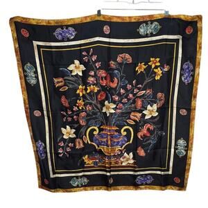 Vintage Floral Scarf Square Black Gold Vase Print Satin Hair Neck Wrap 34 x 35